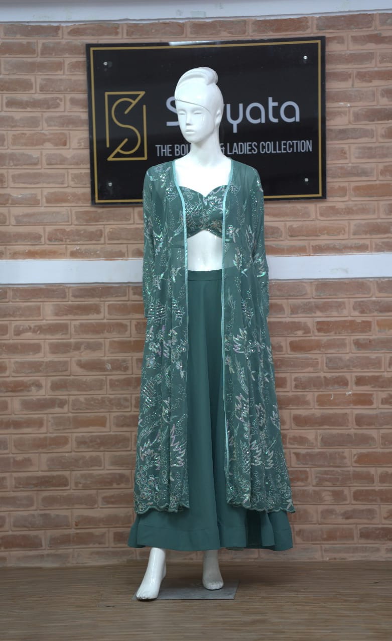 Elegant Sage Green Embroidered Three-Piece Set