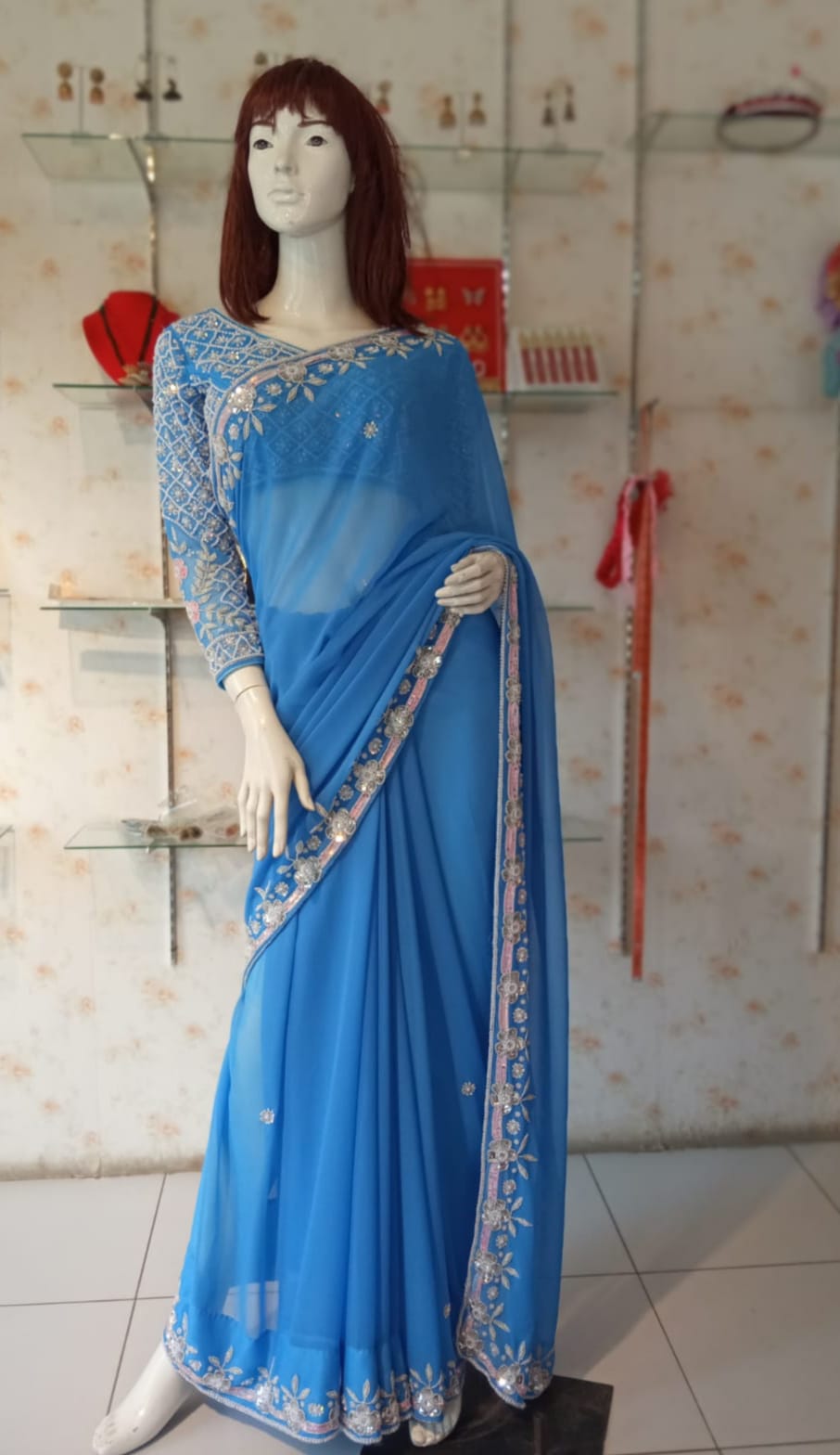 Royal Blue Embroidered Georgette Saree with Designer Blouse