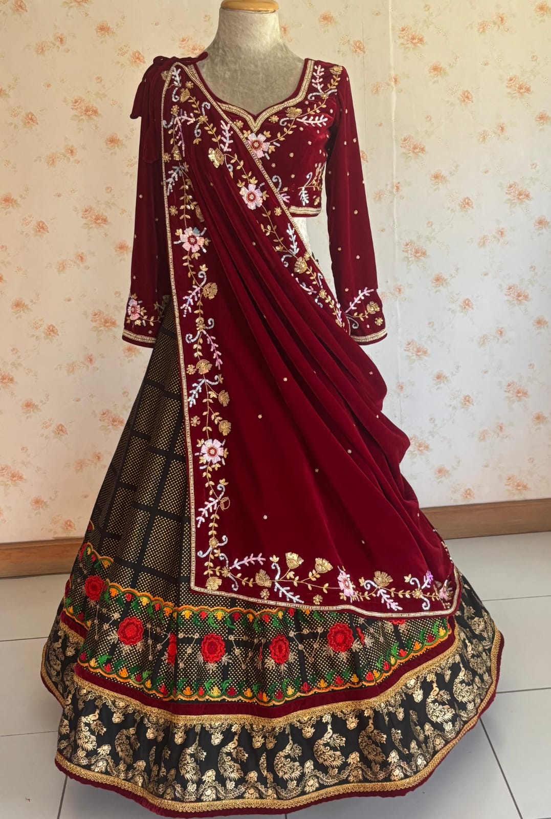 Maroon Velvet Embroidered Lehenga Set