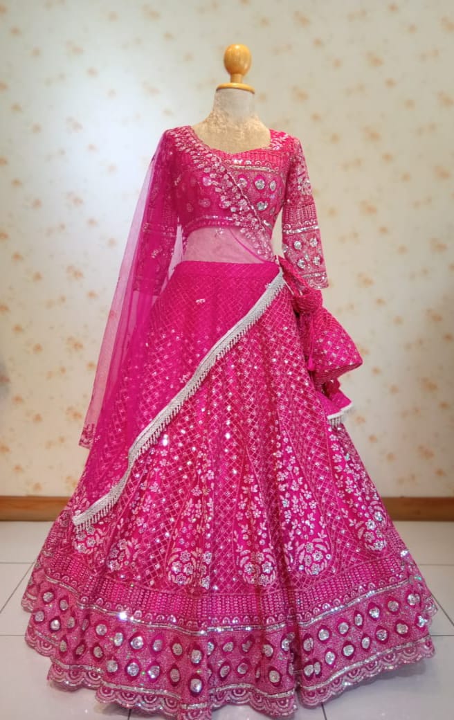 Hot Pink Mirror Work Bridal Lehenga Set